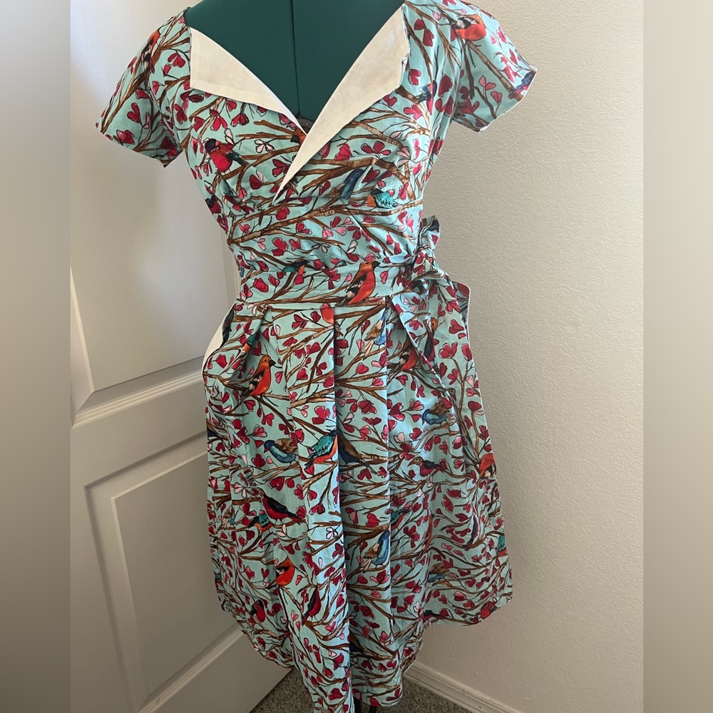 Red Cardinal Victory Parade 40s/50s vintage bird tea dress, pockets swing skirt
